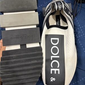 Dolce & Gabbana White and Black Logo Knit Slip-On Sneaker